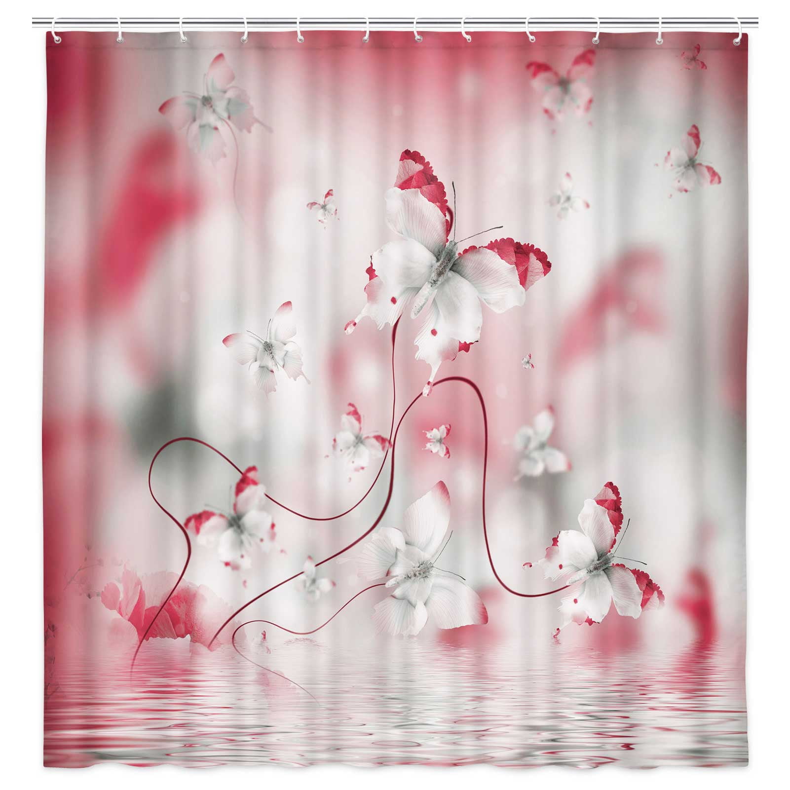 Spring Flowers Butterfly Pink Shower Curtain, Country Nature Farmhouse Garden Floral Design, Botanical Plant Decor Cloth Fabric Bathroom Curtains with Hooks, 60X70in