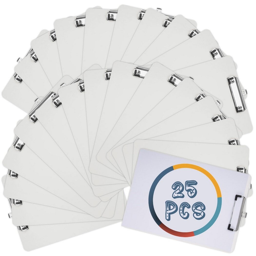 25Pcs A4 Plastic Clipboards, Low Profile Metal Clip Boards with Hanging