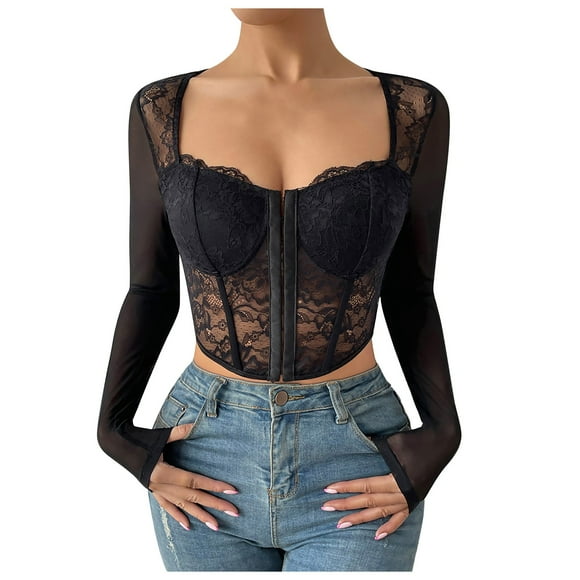 Women's Sexy Lace Mesh Square Neck Top - Long Sleeve Solid Bodysuit, Polyester Blend for Winter Party Wear
