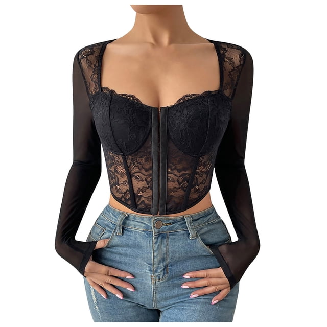 Top sexy de encaje y malla con cuello cuadrado para mujer - Body liso de manga larga, mezcla de poliéster para fiestas de invierno
