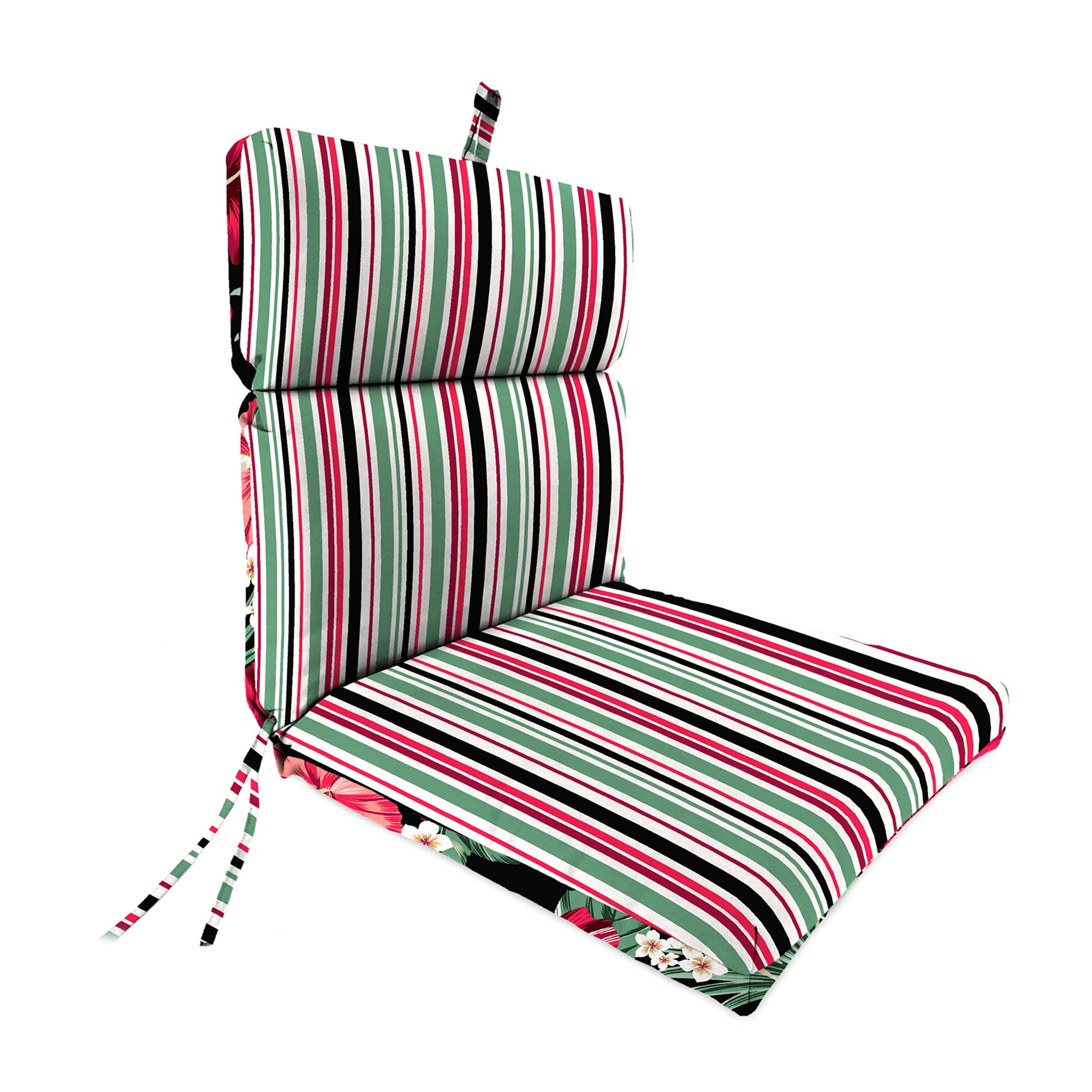 Jordan Manufacturing 42" x 20" Megara Beacon Black Tropical and Windsurf Beacon Red and Green Stripe Reversible Rectangular Outdoor Chair Cushion with Ties and Hanger Loop