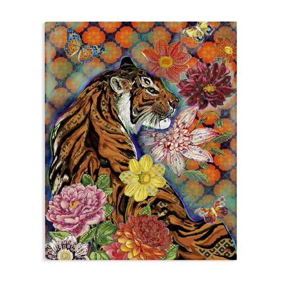 Stupell Industries Eclectic Jungle Tiger Cat Over Orange Arabesque Floral Pattern Canvas Art, 16 x 20, by Sangita Bachelet