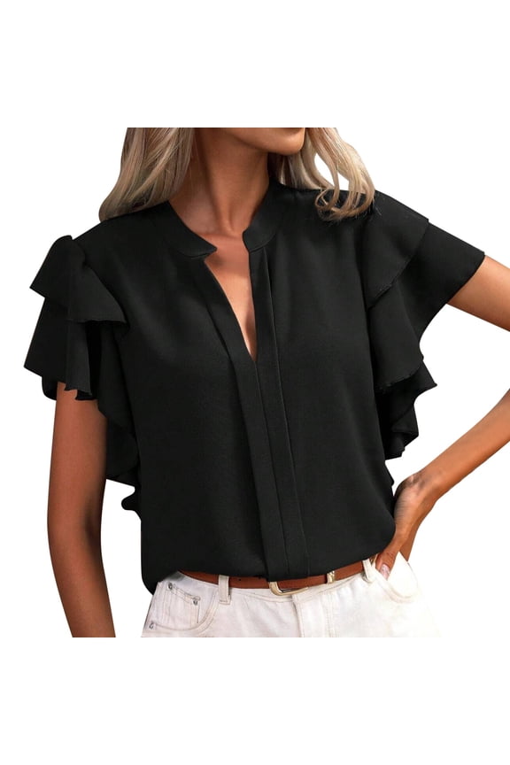 WomensT Shirts Blouses New V Neck Double Layer Ruffle Sleeve Solid Color Womens Tee
