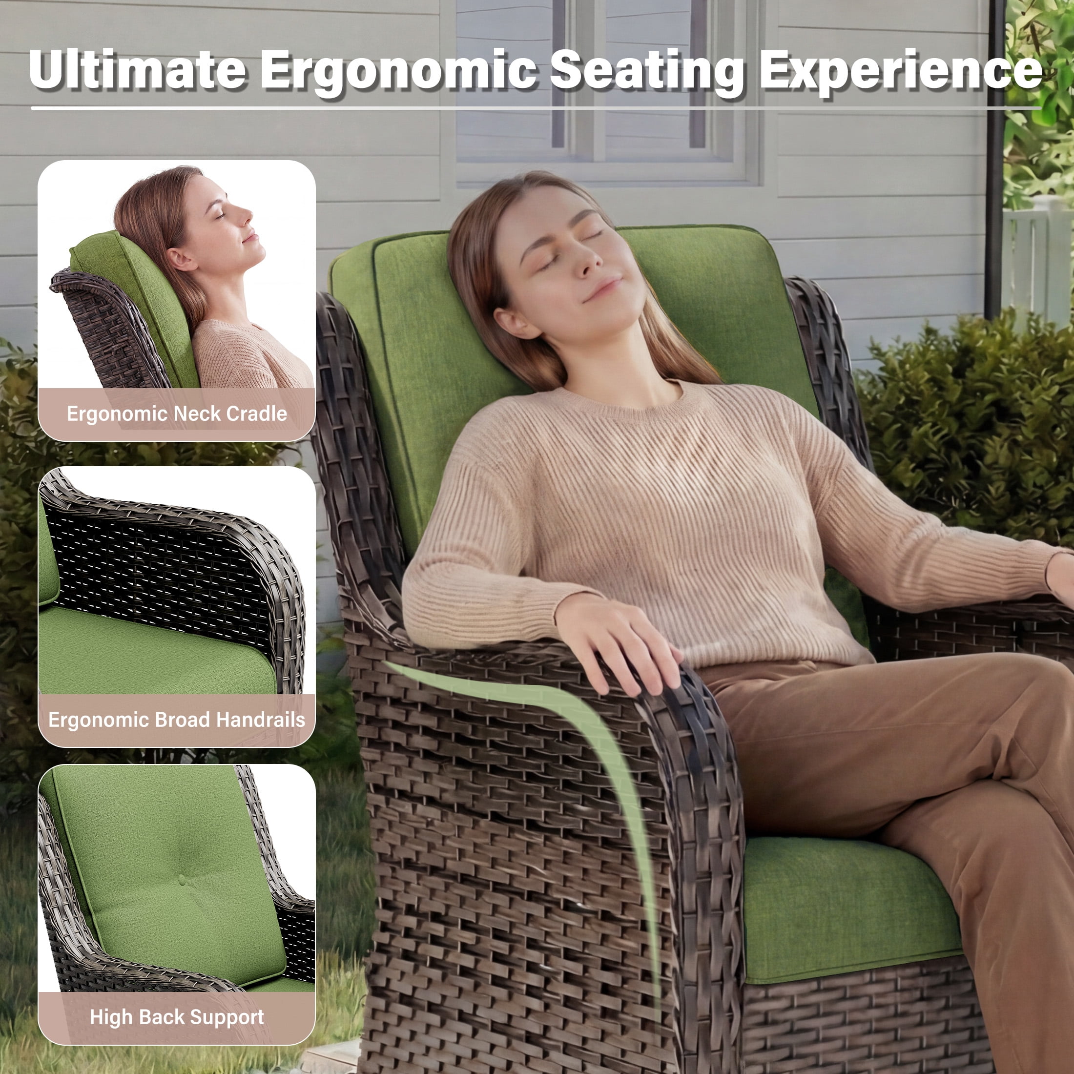 MeetLeisure 3 Piece Wicker Patio Furniture Set with Side Table, Outdoor Swivel Rocker Chairs with High Back, Deep Seating, Wide Armrest, Thick Cushions for Deck Porch, Green