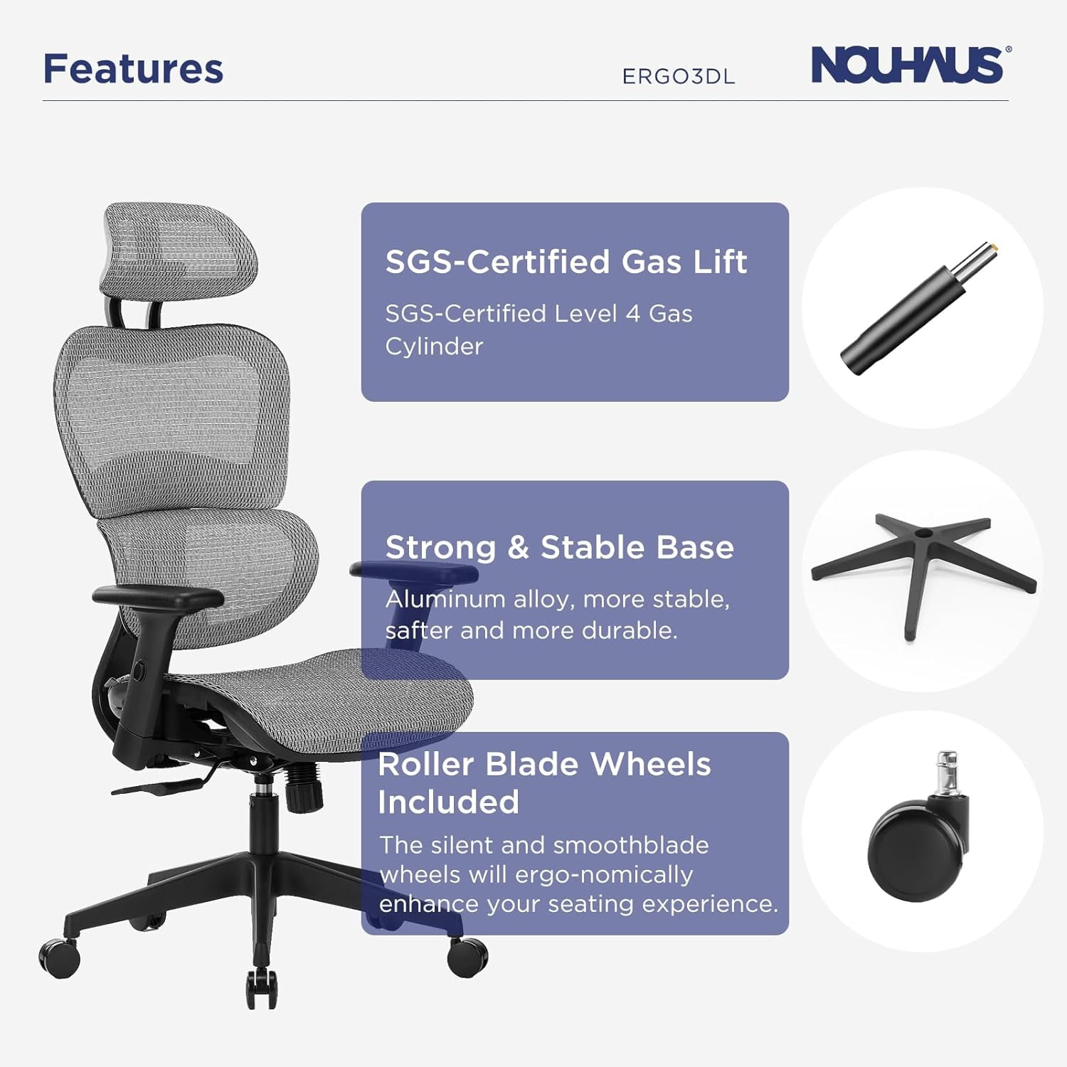 NOUHAUS Ergo3DL Ergonomic High-Back Mesh Office Chair with Adjustable Headrest, Lumbar Support, and Armrests, Gray