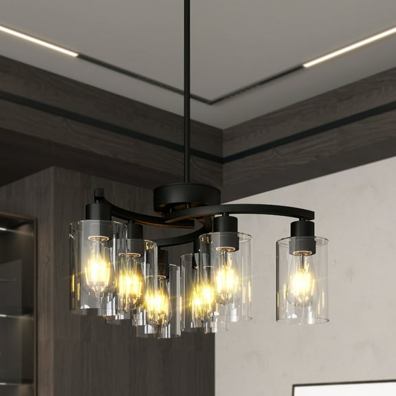 6-Light Modern Chandelier Pendant Lights 21.7in for Dining Room Seeded Glass for Kitchen Island Living Room Foyer Bedroom E26 Base Black