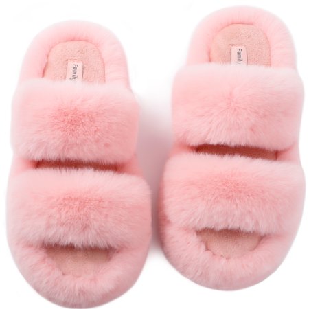 

FamilyFairy Women s Fluffy Faux Fur Slippers Comfy Open Toe Two Band Slides with Fleece Lining and Rubber Sole