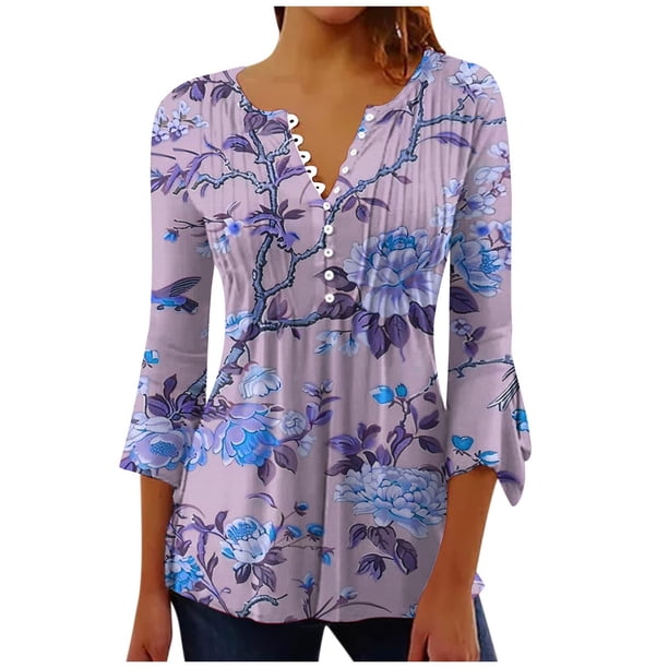 Camisetas de Cuello en V Mujeres, Impreso 3/4 Manga Blusa Casual Hecha de Cómodo Estante de Imitación para Toda la Temporada de Uso Diario, Camisetas Casuales de Mujer