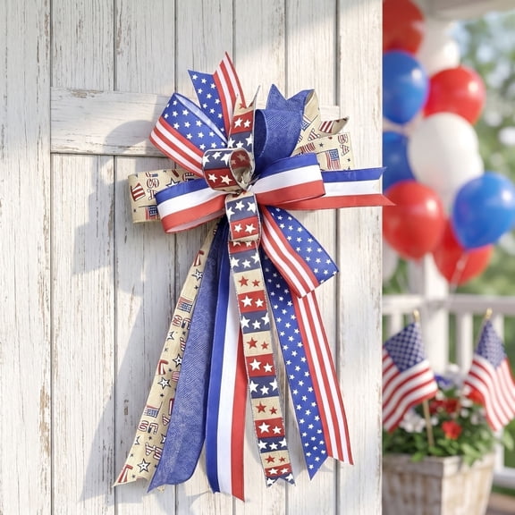 sruoe 4th of July Large Bow, 24 Inch Patriotic Wreath Bow, Multi-Layer American Flag Star Stripe Ribbon Bow for 4th of July Independence Day Memorial Day Front Door Mantel Porch Decor