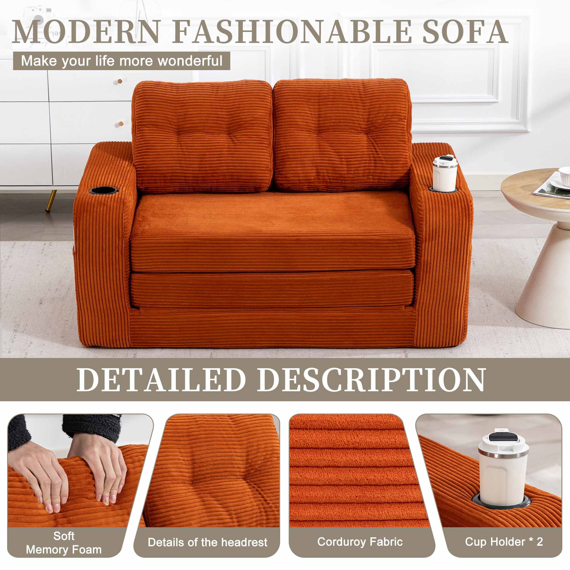 Lunale 54" Convertible Sofa Bed, Small Boneless Cloud Couch with Cup Holders, No Assembly Required, Corduroy Floor Sleeper Sofa, Orange
