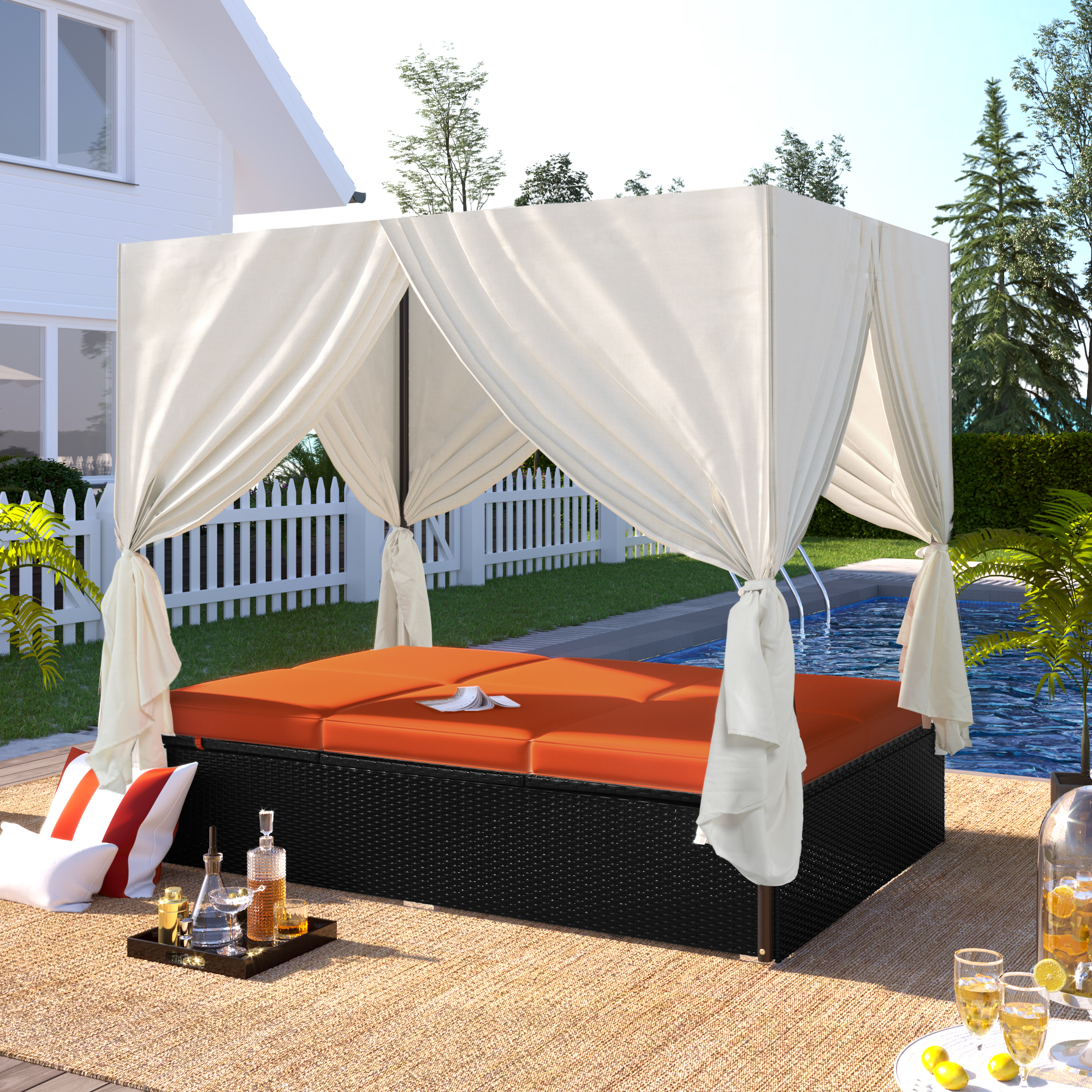 Patio Daybed, Outdoor Wicker Furniture Set with Four-Sided Canopy and Overhead Curtains, Outdoor Sofa Set w/Adjustable Seat for Patio Deck Poolside Garden Backyard - image 2 of 10