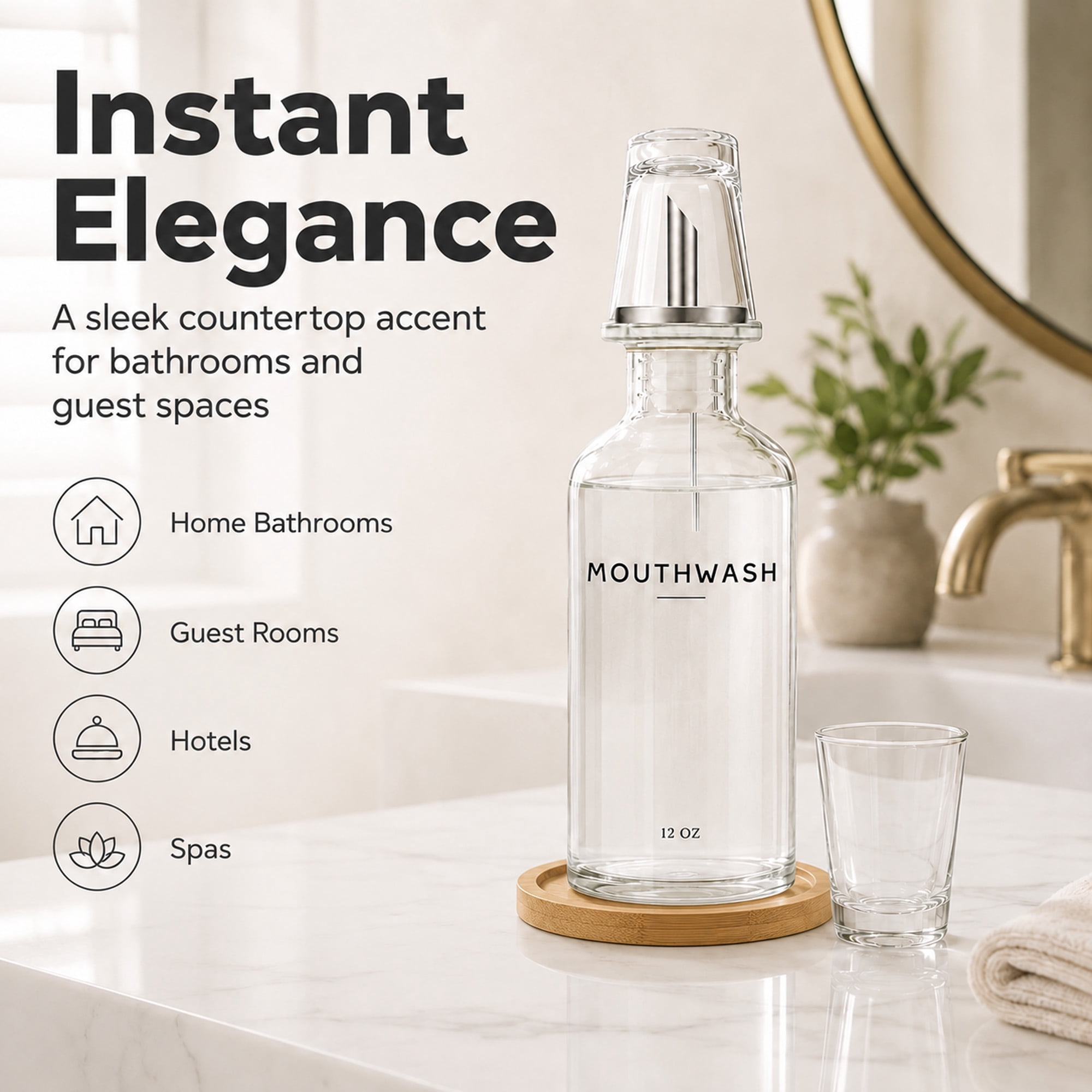 Clear Glass Mouthwash Dispenser Set with Cup and Bamboo Tray, 12 oz Bathroom Countertop Accessory