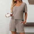 thumbnail image 2 of PRINxy Women's 2 Piece Solid Ribbed Loungewear Set V-Neck Short Sleeve Top and Elastic Waist Shorts Soft Comfort Home Casual Wear Khaki L, 2 of 5