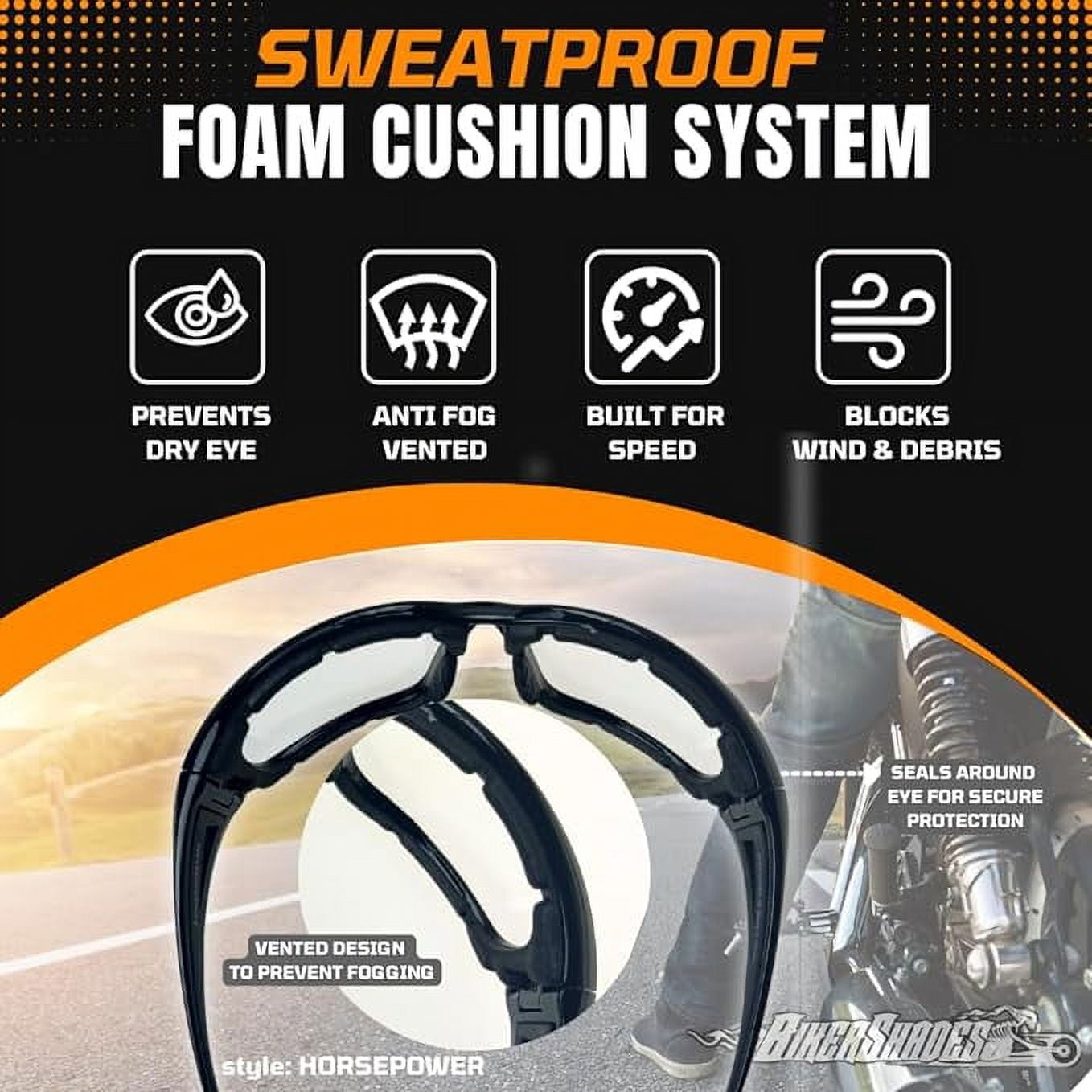 Bikershades Motorcycle Safety Sunglass Foam Padded Mens Windproof Dustproof Large Fit