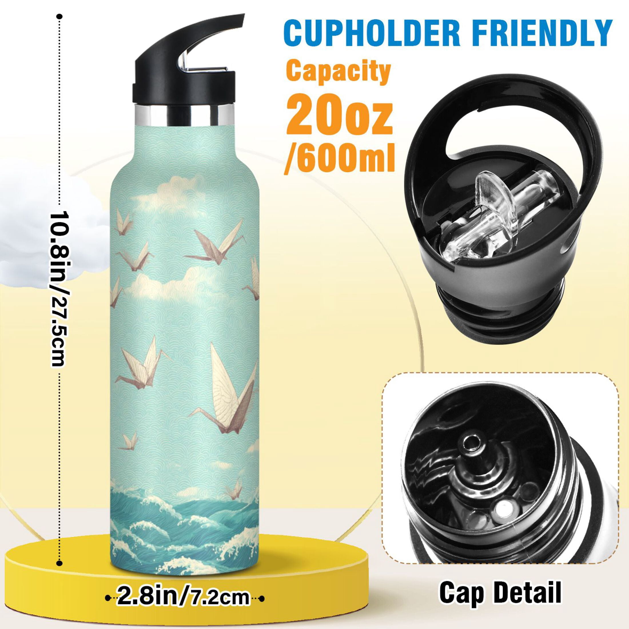 Kids Insulated Stainless Steel Sports Water Bottle 600ml (20oz) Paper Cranes Pattern
