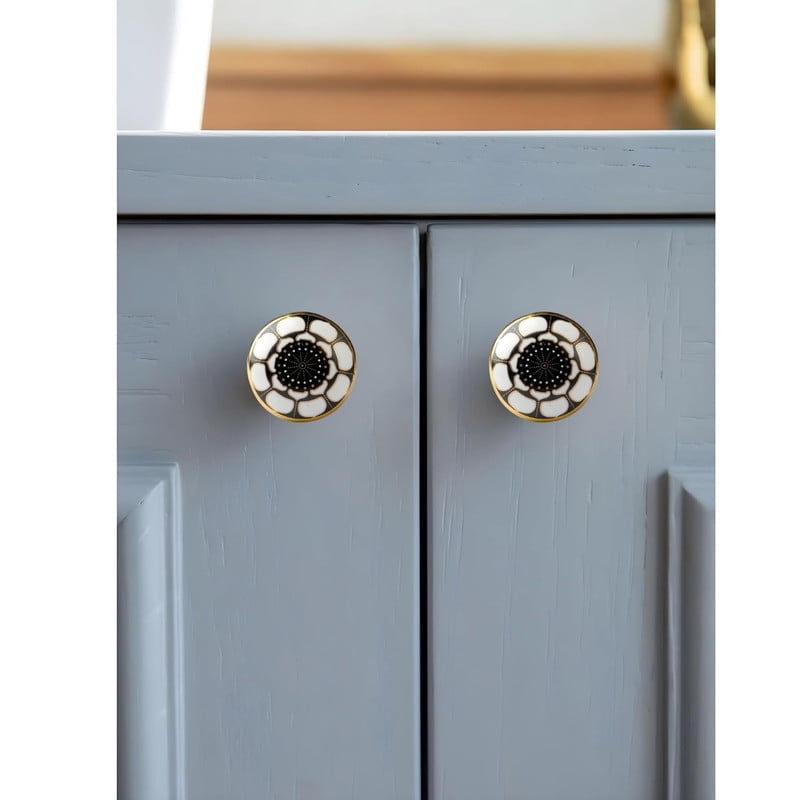 Perilla Home Set of 6 Knob (Ceramic with 24 K Gold) Decorative Knobs for Home Kitchen Cabinet Hardware Cupboard Door Dresser Wardrobe and Drawer Pulls (Marigold Black)