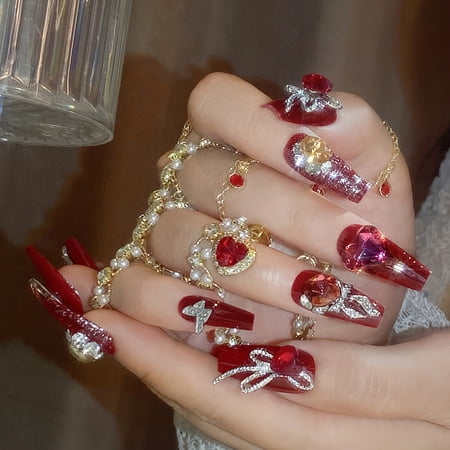 New red wearing nail piece flash diamond festive nail art finished product removable fingernail fake nail patch U77
