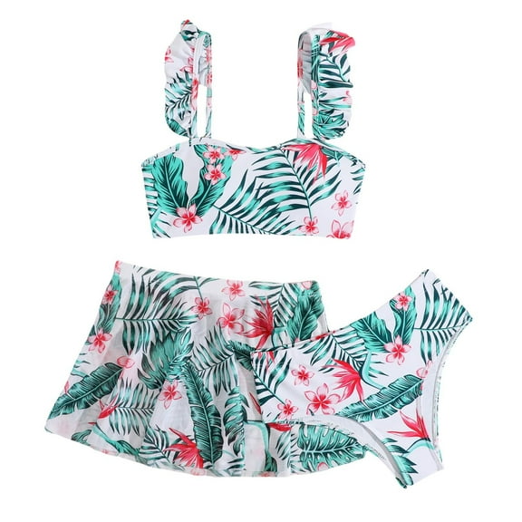RUTAYY Girls Swimsuits Tropical Print Bathing Suit With Cover Up Skirts 3PCS Girl Swimwear Beach Vacation Hawaii Beachwear, 7-8 Years
