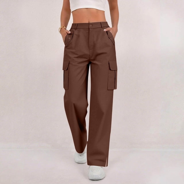 Timegard Cargo Pants Women Elastic Waist Button Straight Leg Loose Active Outdoor Side Split Trousers Fall