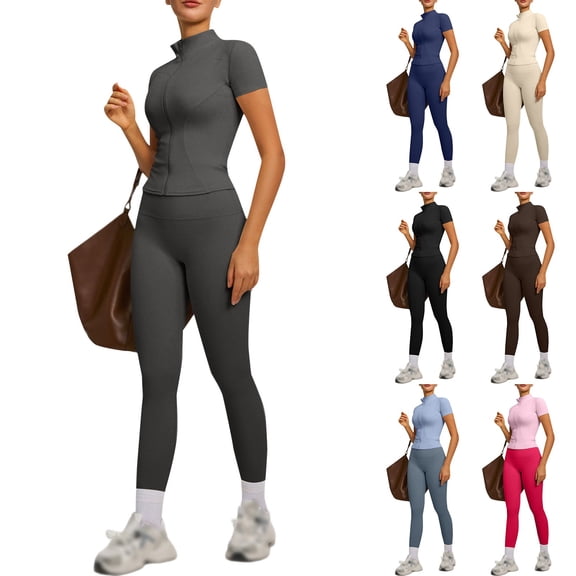 Women's 2 Piece Gym Set Short Sleeve Zip Up Activewear Top and Leggings