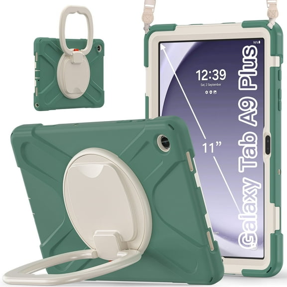 XYX Case for Samsung Galaxy Tab A9  11.0 inch SM-X210/SM-X215/SM-X216, 360 Degree Rotating Hand Grip Shockproof Cover with Shoulder Strap, Emerald Green