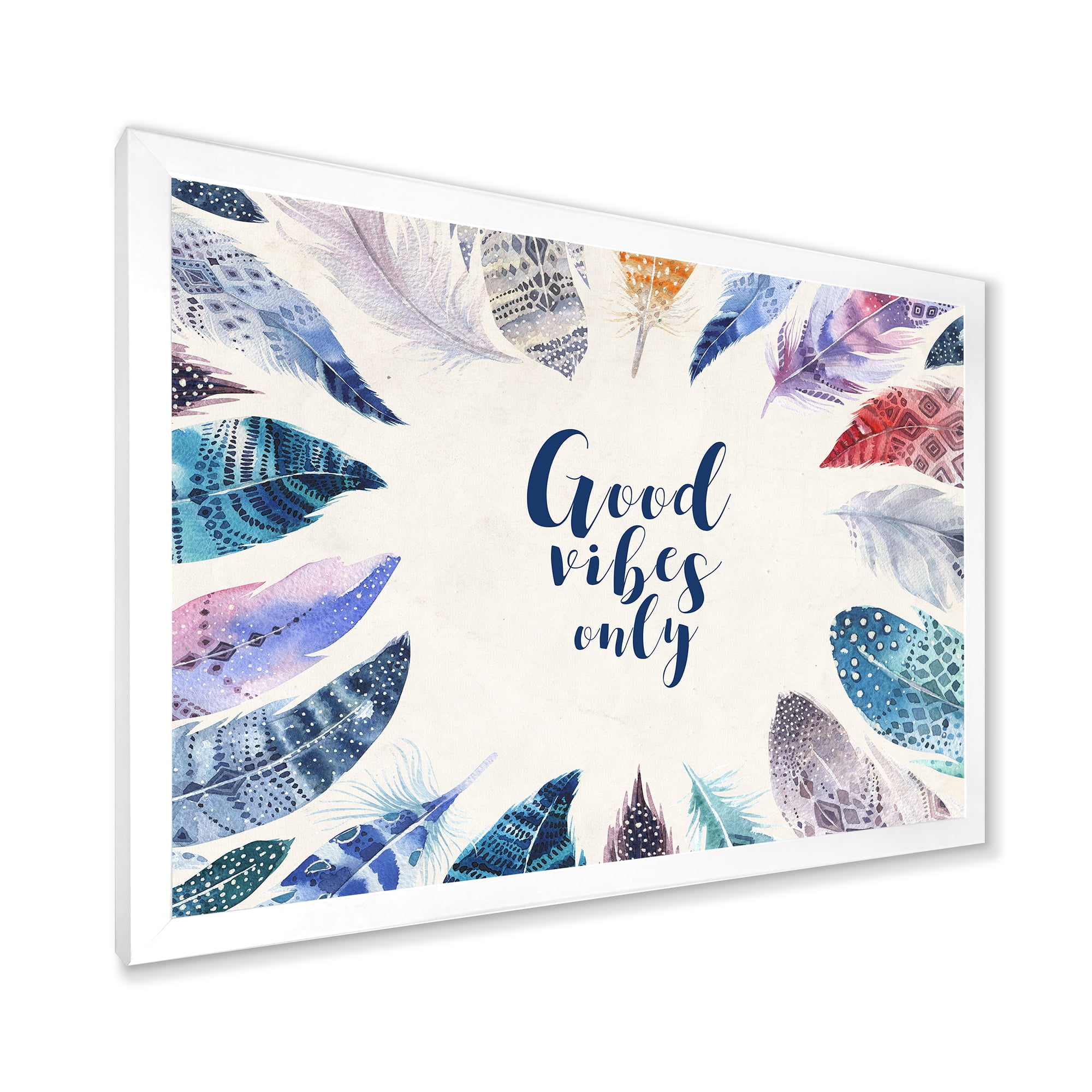 Designart 'Good VIbes Only Under Vibrant Blue Feathers' Bohemian & Eclectic Framed Art Print