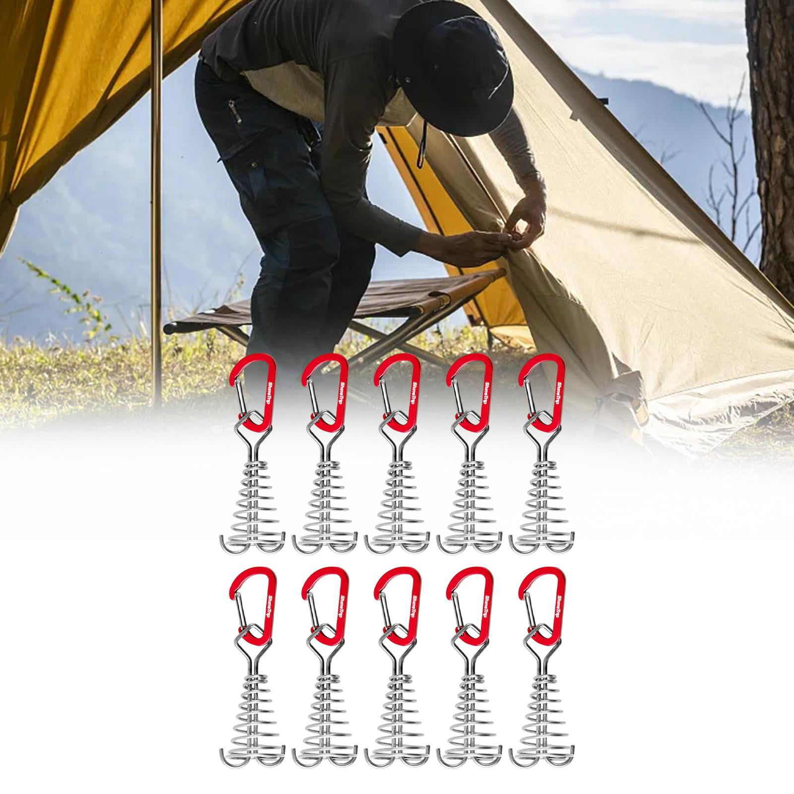 figatia 10 Pieces Deck Anchor Pegs with Carabiner Clips Camping Tent Nail Board Pegs Windproof Tent Rope Tightener for Outdoor Hiking Red