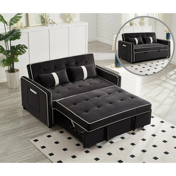 Convertible Sleeper Sofa with Adjustable Backrest, Side Pocket & Phone Holder, Velvet Black