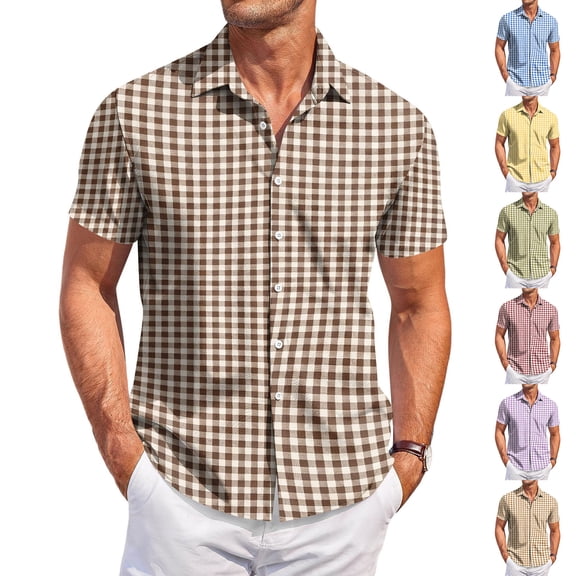 Homeyce Men's Plaid Button Down Shirts Short Sleeve Shirts for Men Business Casual Shirts,Brown 2XL