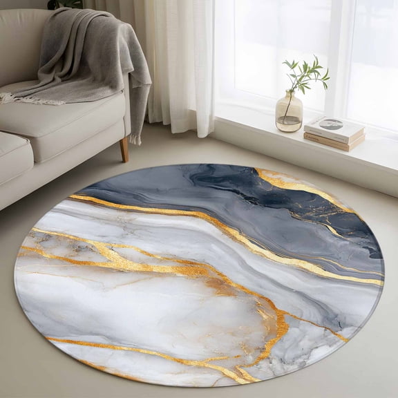 Round Rugs 3Ft, Grey Golden Marble Round Area Rug Washable Indoor Throw Carpet, Modern Ink Painting Art Luxury Small Non Slip Circle Rug for Bedroom Living Room Home Decor Aesthetic