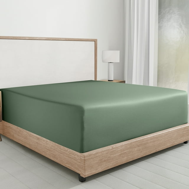 California Design Den Double Bed Fitted Sheet, 1 Pc - Soft 100% Cotton Sateen, Deep Pockets, Durable All-Around Elastic (Sage Green - Dark)