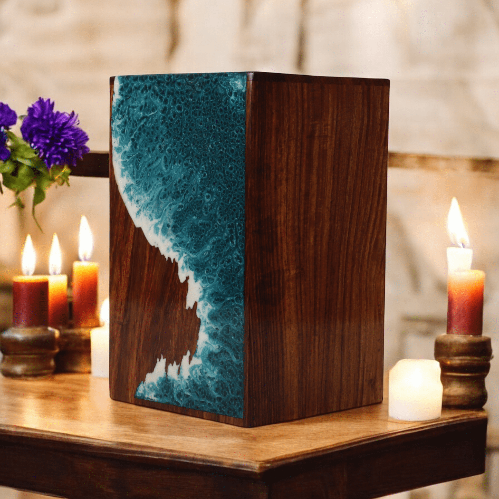 Wooden Cremation urn for Human and pet Ashes (Sea Green Sea & Waves, Keepsake, Sea)