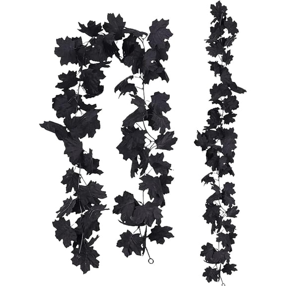 KOYPTL 2pcs Fall Decor Black Garland With Led Lights,Black Decorations Halloween Garland Hanging Artificial Maple Leaf Vine Decor For Wall Bedroom Home Fireplace Mantle Wedding Indoor Outdoor Decor