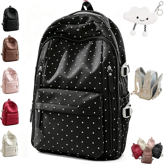 Polka Dot Backpack for Women Cute Nylon Daypack Large Capacity Shoudler Bag(Black)
