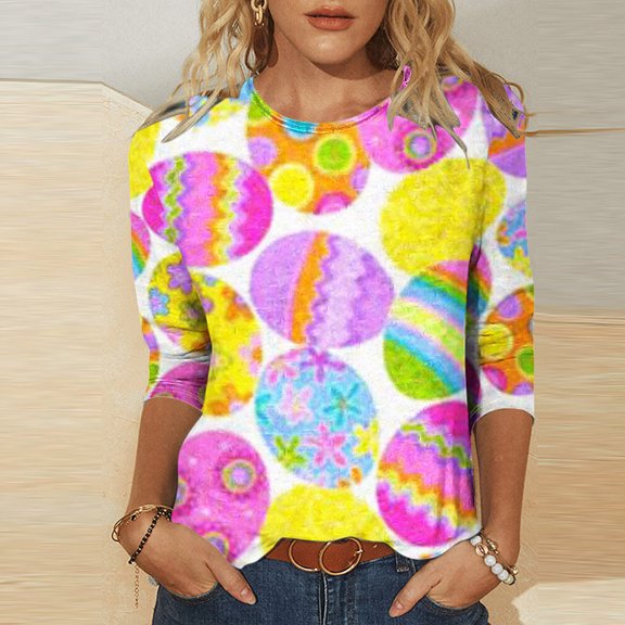 EQWLJWE 2024 Summer Shirts for Women Casual 3/4 Sleeve Cute Easter Eggs Graphic Tees Trendy Workout Tunic Tops Comfy Three Quarter Loose Blouse Gifts for Your Family or Friends Pink(S-5Xl)