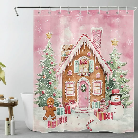 HVEST Pink Christmas Shower Curtain with Cute Snowman House and Xmas Tree Design - Winter Holiday Bathroom Decor, Waterproof Polyester Fabric, Includes 10 Hooks, 60x72 Inches