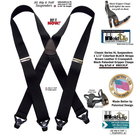Holdup Brand XL Classic Series Basic Black X-back Suspenders with Patented black Gripper Clasps