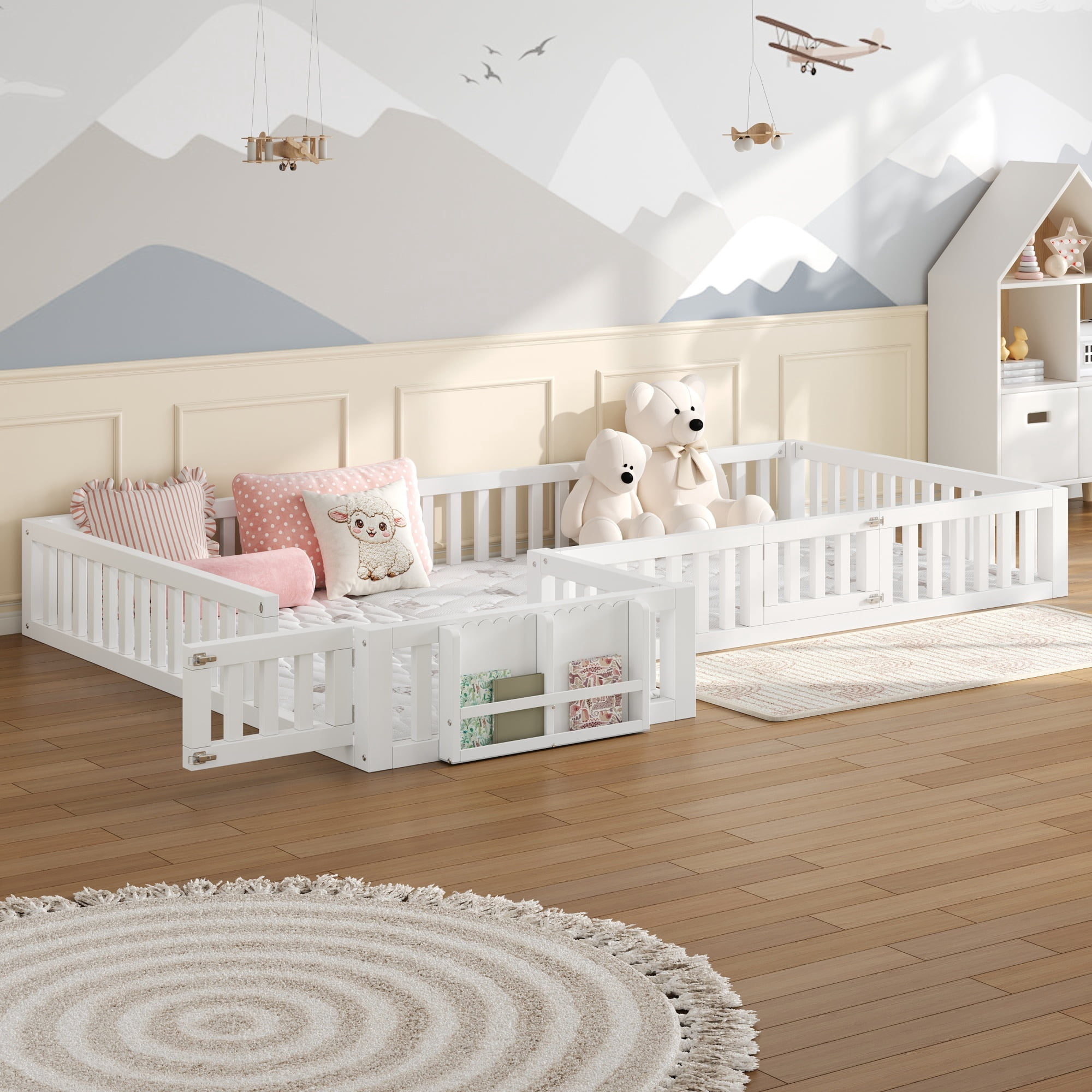 Euroco Twin and Full Size L-Shaped Platform Bed, Floor Bed with Full Guardrails and Storage, White