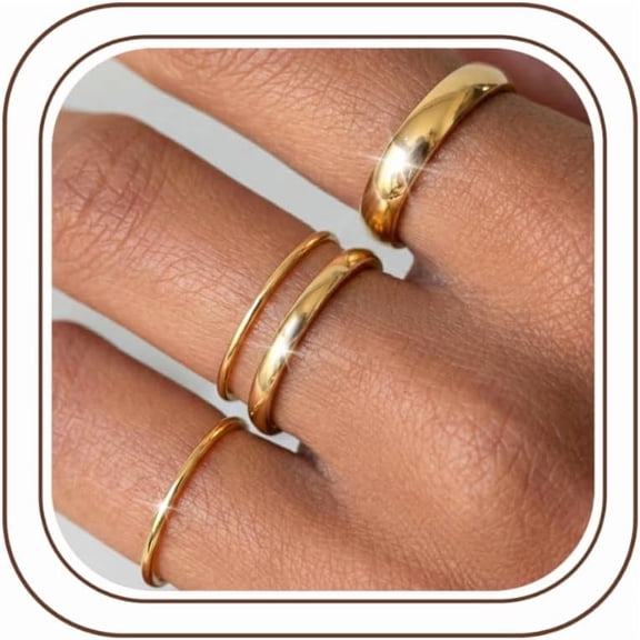 14K Gold Filled Rings for Women Non Tarnish Stackable Ring Set | 4Pcs Thumb Pinky Stacking Rings for Women,Wedding Rings Band,Waterproof Stainless Steel,1mm 2mm 3mm 5mm Thin Ring