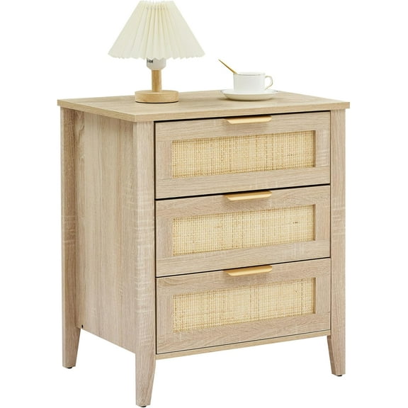 Nightstand, Rattan End Table, Nightstands with 3 Natural Rattan Drawers, Strong Support Wooden Structure, Side Table with Storage Drawers for Bedroom, Living Room, Natural