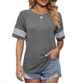 thumbnail image 1 of Camiseta con cuello redondo, manga corta transpirable y holgada con manga a rayas para mujer, 1 of 6