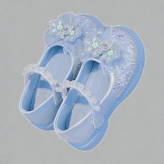 Krdevn Girls' Glitter Mary Jane Flats, Soft Sole Princess Dress Shoes with Pearl Strap & Flower Bow, Rhinestone Party Shoes for Kids,Sizes 14
