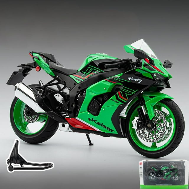1:9 Kawasaki Ninja ZX-10R Modèle de Moto en Métal Alliage Superbike Haute Performance avec Son et Lumière, Simulation Haute, Boîte Verte