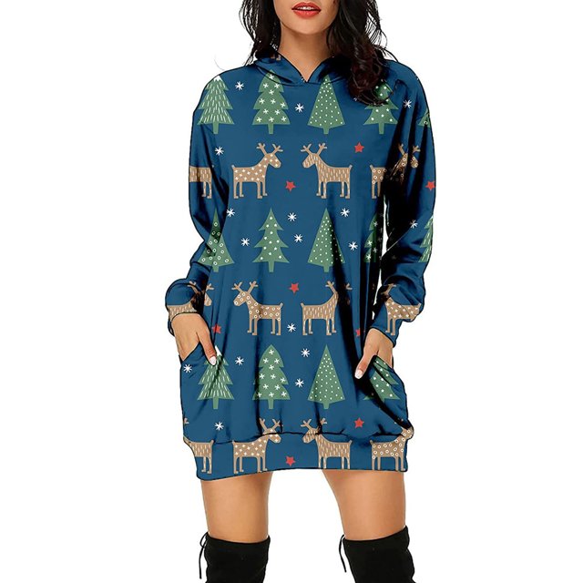 Vestido corto de sudadera con capucha y bolsillos con estampado navideño para mujer informal a la moda Pompotops hdfakjf925