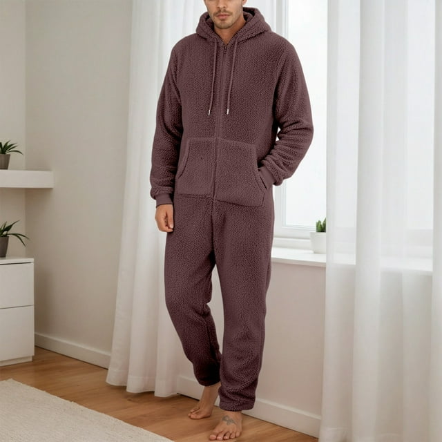 Timegard Mens Rompers Plus Size Winter Drawstring Hoodies Homewear Zip up Warm Comfy Jumpsuit with Pockets
