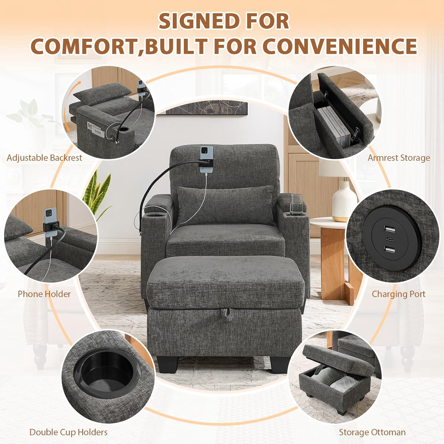 MOONMISS Oversized Chaise Lounge Chair Indoor, Single Convertible Recliner Reading Arm Sofa Chair W/Adjustable Backrest & Charging Port Couch Bed for Living Room, Home Theater & Bedroom,Gray