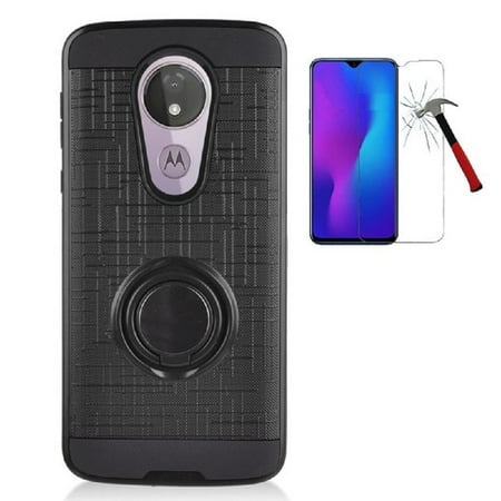Phone Case for Motorola Moto G7 Power / Moto G7 Supra / Moto G7 Optimo Maxx with Tempered Glass, Magnetic Ring Kickstand Hybrid Case Cover (Black)