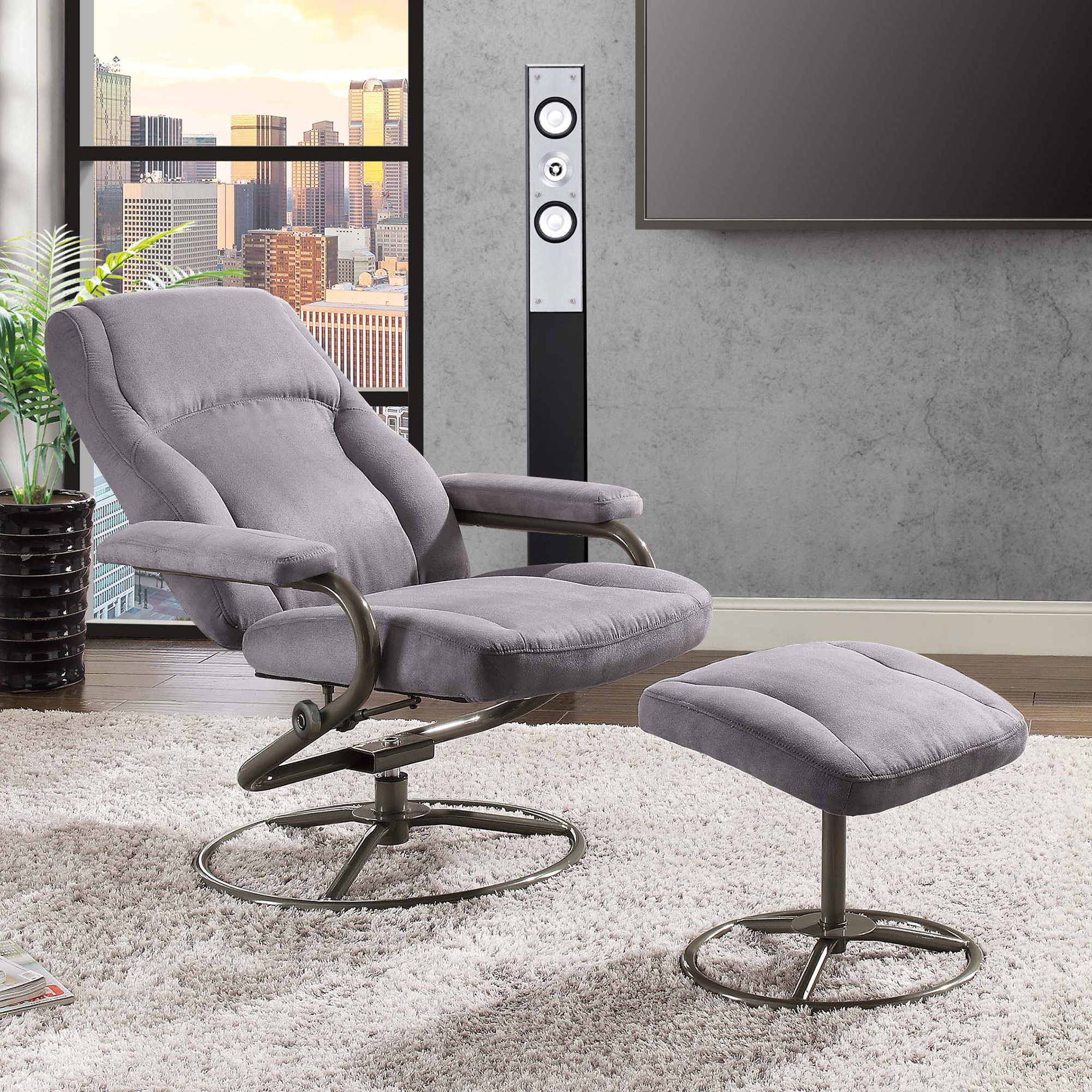 Mainstays Plush Pillowed Recliner Swivel Chair and Ottoman Set, in Gray - image 2 of 4