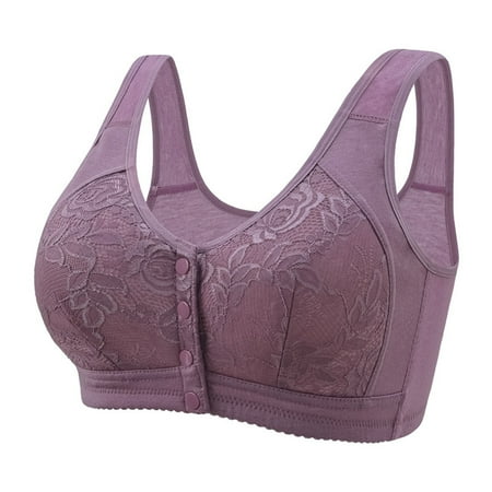 BLTIBY Bras for Women Front Button Closure Bra No Underwire Push Up Solid Color Lace Underwear Plus Size Fashion Comfortable Breathable Wireless Lingerie Purple 110