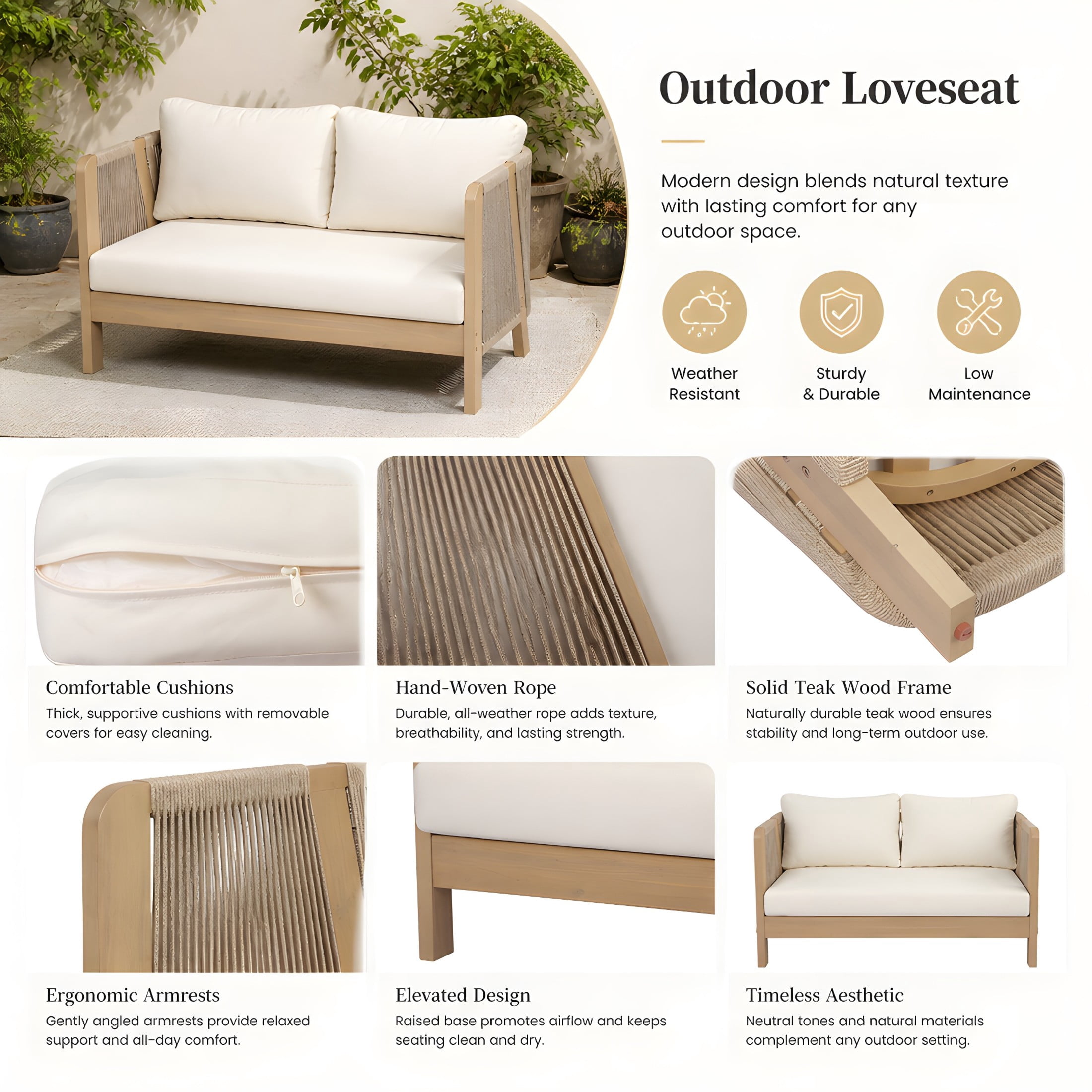 Christopher Knight Home 3-Piece Patio Conversation Set, Rope Accent Seating with Cushions, Light Teak+Cream
